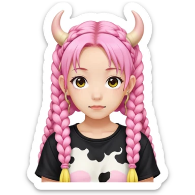 En anime-jente med to rosa lange tykke fletter, ku-horn og ku-ører, sort BH-topp over en gul cropped-fleece-blouse sticker