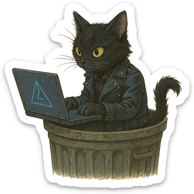 A cyberpunk goth punk cat holding a laptop poking out of a garbage can, in Ghibli style, with a transparent background. sticker