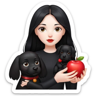 A girl with long black hair wearing black clothes holding a black dog in one hand and an apple in the other hand sticker