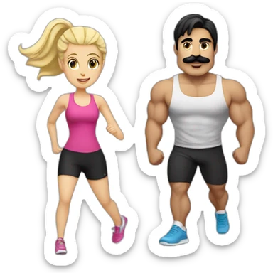 A White guy with black hair and a mustache going to the gym with a blonde girl sticker