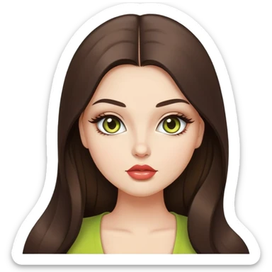 Curvy but beautiful brunette girl, chartreuse eyes, pin straight super long hair, modern style and glossy lips sticker