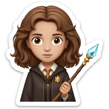 Hermione Granger from Harry Potter with bushy brown hair and wand sticker
