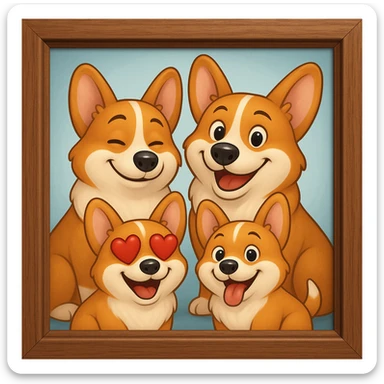 Make the lines and style of the corgi family photo match the 3D emoji look and line quality of the reference image, with smooth, soft shading and a playful, expressive feel. Keep the family photo in a classic wooden frame. The style should resemble the 3D emoji style with smooth and soft shading, playful and expressive. sticker
