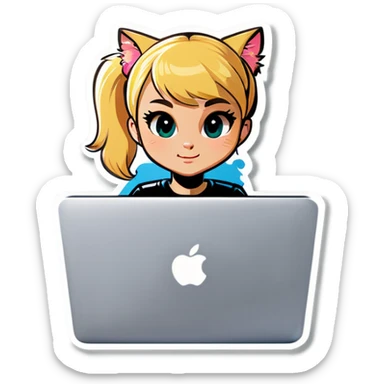 Blonde girl ponytail macBook and a cat sticker