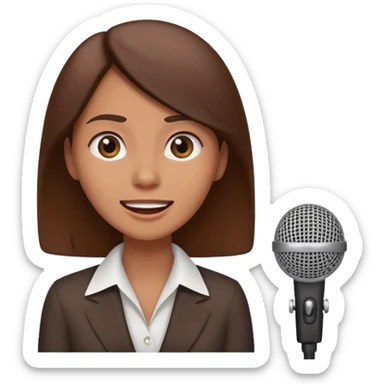 a office woman presenting her idea with microphone stop smiling and got scared with disappointed face
 sticker