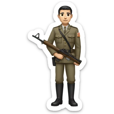 "A young man with short-cropped dark hair, a sharp jawline, and a smug expression. He wears a clean, neutral military uniform, holds a rifle, and stands confidently in a field." sticker