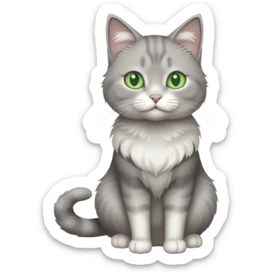full body view of beautiful female grey cat with green eyes, white paws and white chest sticker