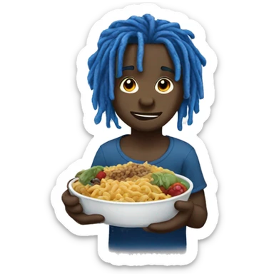 black boy with blue dreadlocs eating sticker