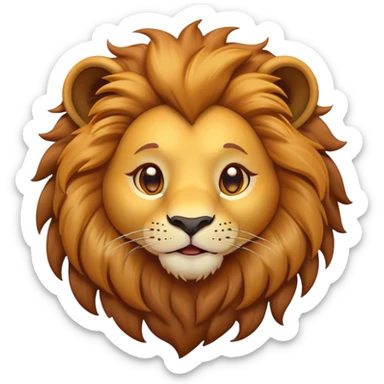Cinematic Cute Lion Portrait Emoji, Head tilted playfully and inquisitively, featuring a glossy tawny Fur with a lush mane and round, sparkling amber eyes filled with curious mischief, Simplified yet irresistibly adorable features, highly detailed, glowing with a warm, friendly glow, high shine, affectionate and spirited, stylized with a touch of jungle whimsy, bright and endearing, soft glowing outline, capturing the essence of a mischievous yet loving lion, so playful it feels like it could pounce out of the screen and into your arms! sticker