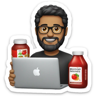 Designer with black hair, beard and glasses working with MacBook and ketchup bottle sticker