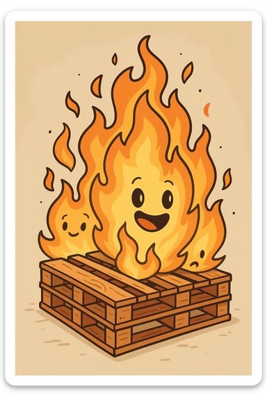 cartoon style pallet bonfire, whimsical flames, visible wooden slats, bright and friendly sticker