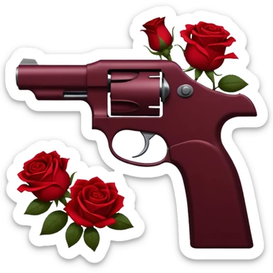 a pistol silhouette in deep wine red (#7A0F1E) with roses wrapped around it sticker