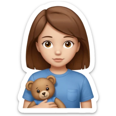 A Girl with Brown hair and Brown eyes with a t-shirt of a Teddy bear sticker