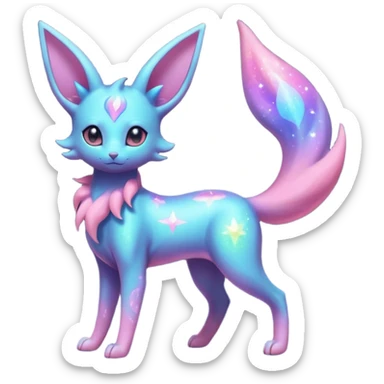 Shiny Iridescent Nebulae Espeon-Umbreon-Sylveon-Fakémon-hybrid-creature (full body)  with a galaxy-dust-flowing-gradient-tail sticker