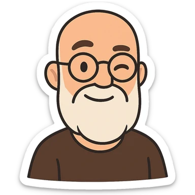 flat toon style of a bald man with glasses, long white beard, winking sticker