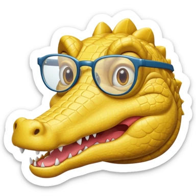 Cocodrilo feliz con boca cerrada mirando de frente que tengan lentes y sea color amarillo con fondo blanco sticker