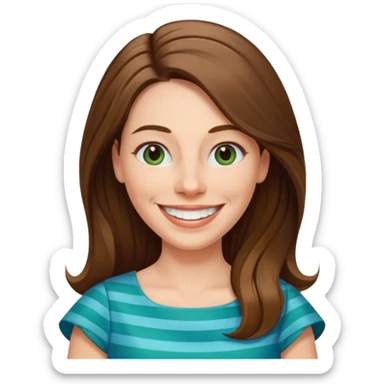 40 yr Caucasian woman, long brown hair parted on side, white stripe in hair, blue green dress ,big smile, white teeth, dimples sticker