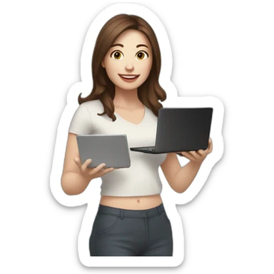 woman with brown hair and pale skin juggling with coffee cups and mini laptops sticker