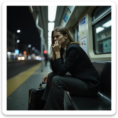 woman in work clothes sitting exhausted on a subway bench, briefcase on her knees, eyes closed and deep breath, urban night environment, hyperrealistic 4K details sticker