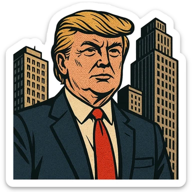 Donald Trump as a real estate mogul caricature style standing in front of tall buildings wearing a suit and red tie sticker