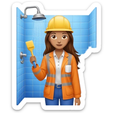 beautiful girl with long brown hair constructing new bathroom area with new shower and amenities  sticker