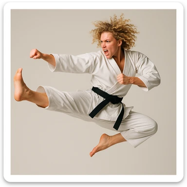 karateka woman with curly blonde hair, airborne kick, athletic stance, plain background sticker