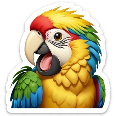 Cinematic Cute Yawning Macaw Portrait Emoji, Head tilted slightly with a dramatic, wide-open yawn, showcasing resplendent feathers and sleepy, half-closed eyes brimming with relaxed elegance, Simplified yet irresistibly adorable features, highly detailed, glowing with a soft, cozy tropical glow, high shine, relaxed yet expressive, stylized with a hint of whimsical charm, soft glowing outline, capturing the essence of a drowsy yet affectionate macaw that appears ready to stretch out for a nap! sticker
