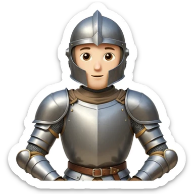 A cartoon knight in full armor with a closed helmet, expressing admiration. The knight's head is tilted slightly upward, arms crossed over the chest, and legs close together. sticker