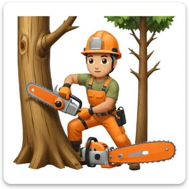 professional arborist cutting down a large tree with chainsaw, wearing safety helmet and protective gear. Scene includes detailed tree trunk, falling wood pieces, forest background, dynamic movement, and emphasis on expertise and safety in tree removal sticker