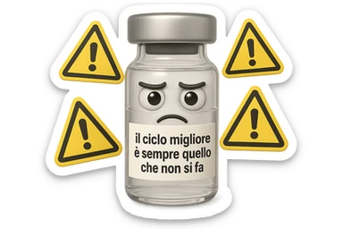 SU QUESTO STILE FAI UN EMOJI STILE IPHONE 3D DI UNa boccetta di fiala medica attorno alla quale fluttuano segnali di pericolo, sull'etichetta della boccetta c'è scritto "il ciclo migliore è sempre quello che non si fa", FALLO MOLTO REALISTICO IN 3D sticker