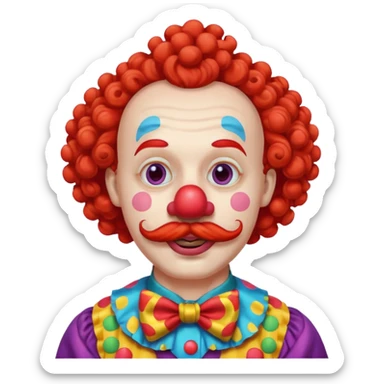 Classic clown — curly mustache, red nose sticker