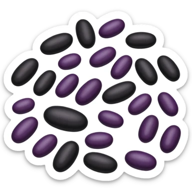 black beans, scatter or mound, shiny oval, smooth, deep black to dark purple, slightly curved, natural sheen, subtle texture, no plate, dish, packaging, or faces, clean 3D, soft shadows, transparent background, emoji scale sticker