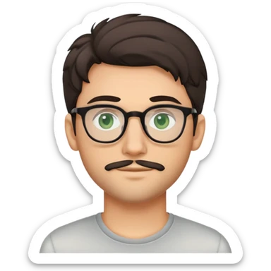 young man with dark poofier slightly curled hair wearing glasses with green eyes and very light stubble, minimal facial hair, with a slight smile sticker