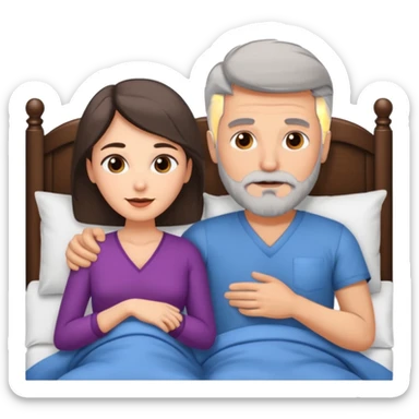 Grey haired man with beard, and brunette woman in bed  sticker