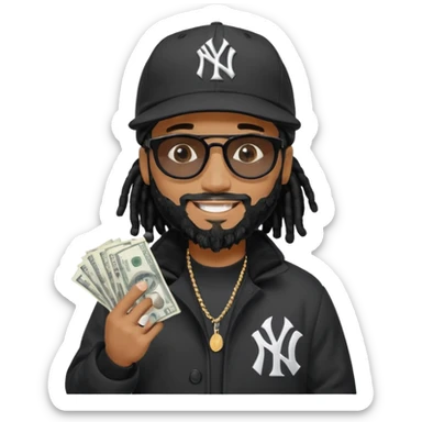 African American man with shoulder length black dreadlocks with black beard wearing black sunglasses wearing a black New York Yankees logo baseball Cap wearing a black bubble winter coat spreading money sticker