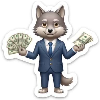 wolf in business suit holding money and stock charts sticker