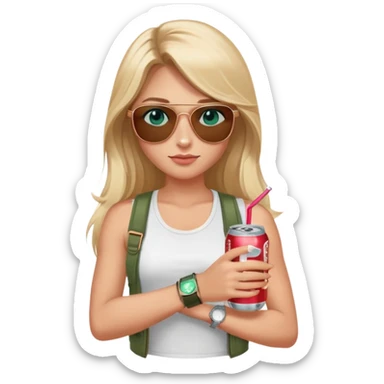 girl with long blond hair
with blue eyes
and aviator sunglasses
wearing white tank top 
holding one soda can
wearing (rose gold apple watch with forest green band) sticker