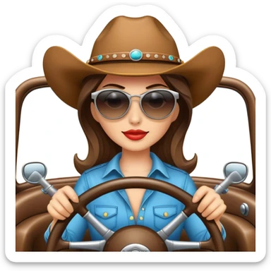 Cowgirl wearing sunglasses behind steering wheel sticker