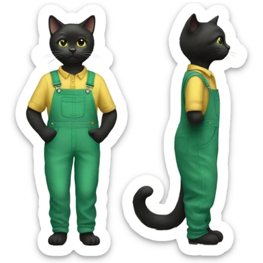 Black cat wearing green overalls with a button missing  sticker