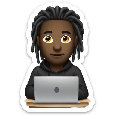 Black-guy-with-dreads-wearing-black-trackstuit-sitting-down-on-chair facing-foward-focused-on-laptop-computer- sticker