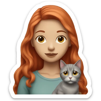 A long hair red headed girl with light skin, holding an all grey cat  sticker
