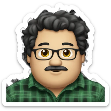Fat man wearing a darkgreen and black plaid flannel shirt profile picture, happy, black hair sticker