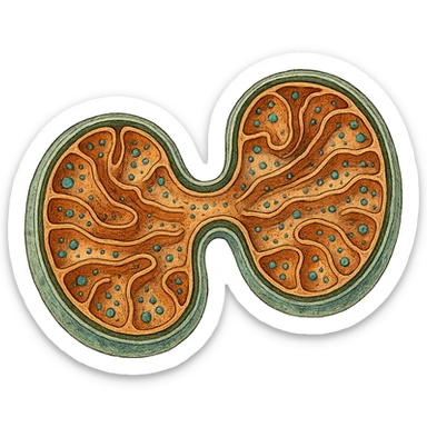 biogenesi mitocondriale, step 4: divisione finale e maturazione di due mitocondri completi, hyperrealistic detailed colored drawing on white textured paper, isolated on white background, visible molecular details sticker