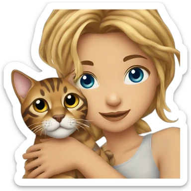 a beautiful girl with blue eyes and brown hair is holding a Bengal cat with yellow eyes in her arms sticker