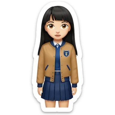 hair : black long hair with fringe 
skin : light 
cloth : brown varsity jacket + navy long long school girl skirt 


 sticker