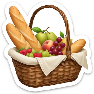 aesthetic wicker grocery basket with a baguette and fruit sticker