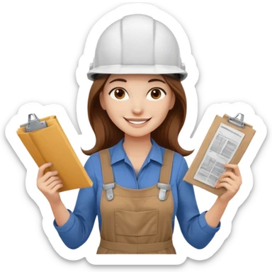 Waist-up female architect on a white background. Long brown hair with a middle part, brown eyes, long lashes, smiling with braces. White helmet with “BUT” in brown. Holding rolled-up blueprints. Outfit: brown jumpsuit over a white t-shirt. sticker