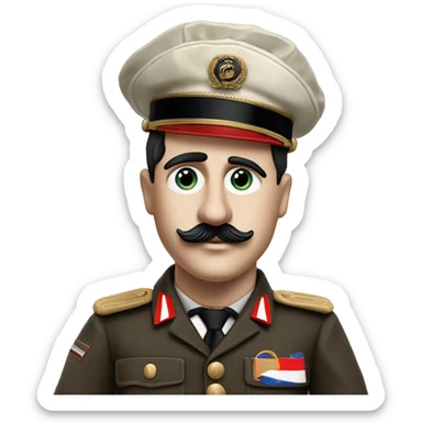 Charlie chaplin as the great dictator with tootbrush mustache but without hat, black sideways combed hair and brown classical 1936 dutch military uniform and red white soccer captains upper armbracelet looking fiercefully sticker