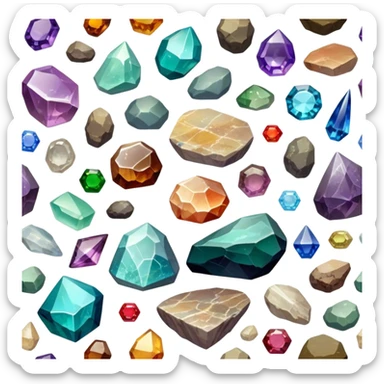 Icon for Mineral, Stone & Fossil Collecting: a display of various colorful minerals, gemstones, and fossils, arranged neatly on a table or shelf. The icon should reflect the beauty and scientific interest of collecting natural specimens. Transparent background. sticker