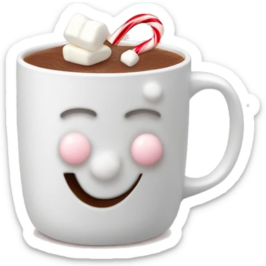 Hot chocolate drink with marshmallows and candy canes in a white Christmas mug sticker